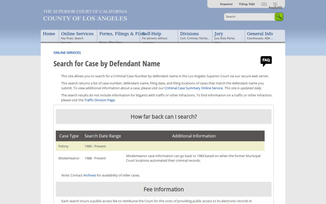 San Fernando records search in the criminal defendant index