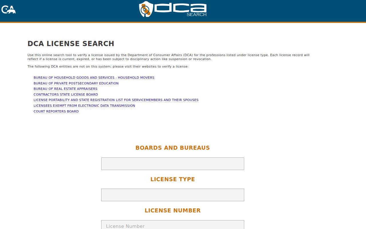 San Fernando public records access through California DCA license search